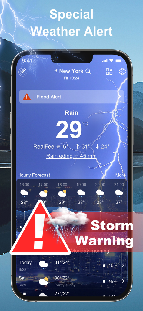 A smartphone screen displaying a severe weather alert for a storm and flood in New York with a lightning background.