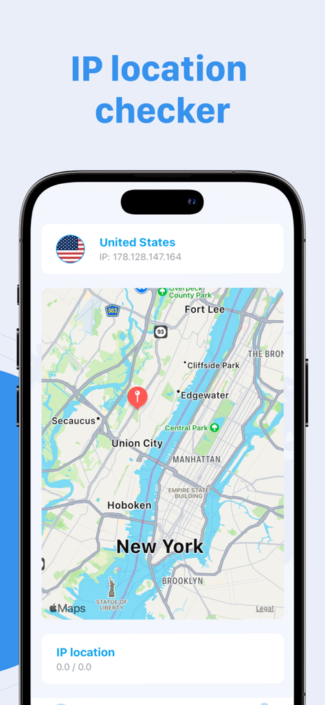 Interface do verificador de localização de IP no aplicativo VPN e Bloqueador de Anúncios para Safari mostrando um mapa de Nova York