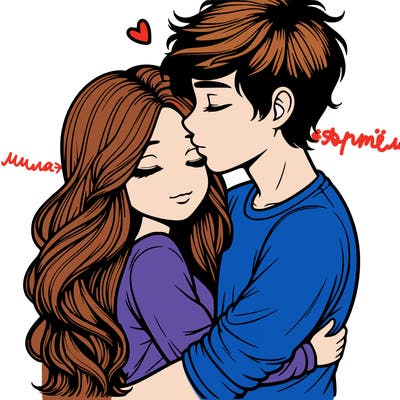 a realistic couple boy and girl hugging and kissing