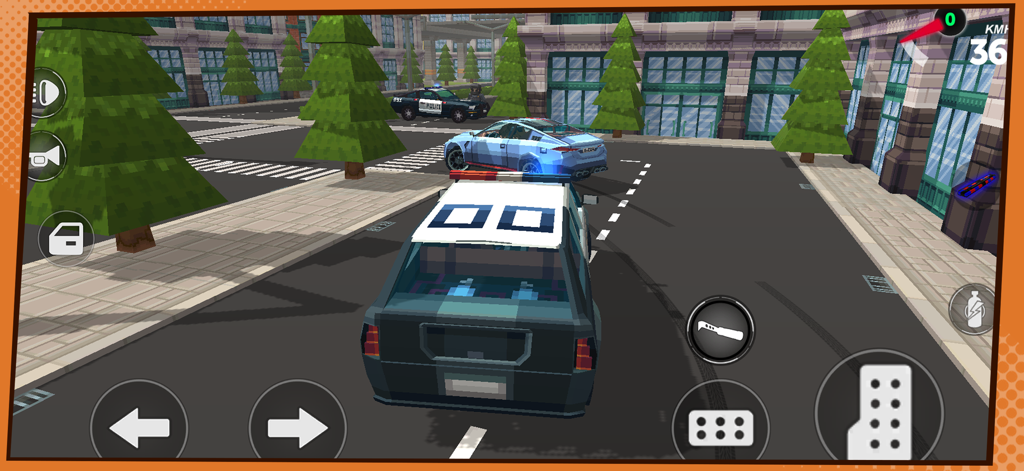 Simple Sandbox 3 - Pixel Craft - Captura de pantalla del juego de un coche de policía conduciendo por una ciudad pixelada en Simple Sandbox 3
