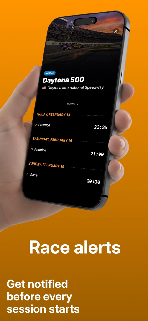 Apex Grid - Motorsport Widgets - iPhone displaying the NASCAR Daytona 500 race schedule and session alerts in the Apex Grid app