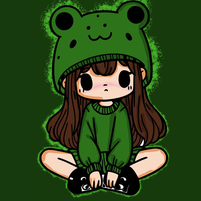 a girl wearing a frog hat and some frog socks