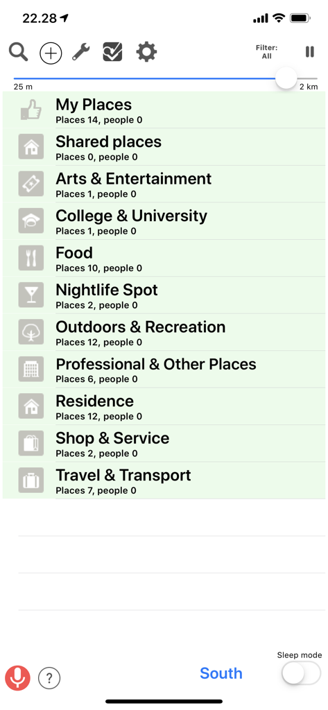 BlindSq Event - Main menu of the BlindSquare Event app showing a list of accessible location categories like Food and Travel