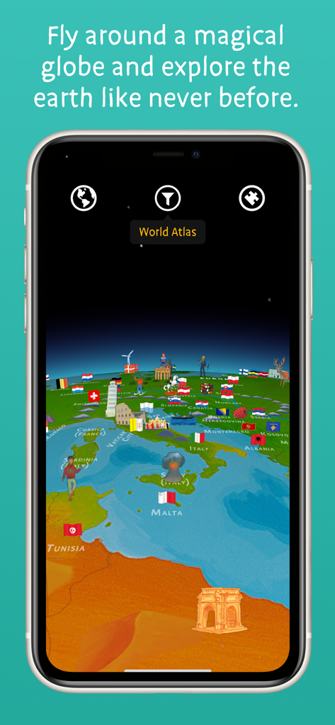 Barefoot World Atlas - Globo 3D interattivo con punti di riferimento e bandiere animate nell'app Barefoot World Atlas.