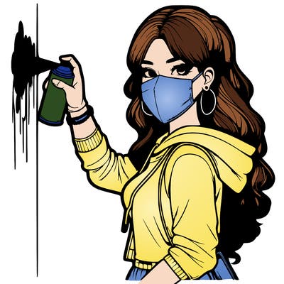 realistic girl with mask spray painting a wall
