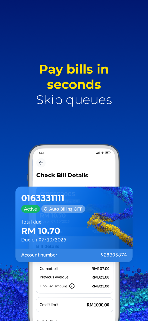 CelcomDigi app screen displaying bill details, account number, and total due amount in Malaysian Ringgit.