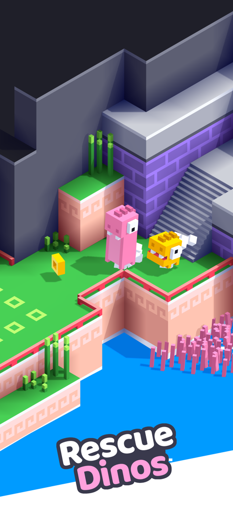 Escena colorida de arte voxel isométrico del minijuego Rescue Dinos de Fancade con personajes de dinosaurios rosas y amarillos