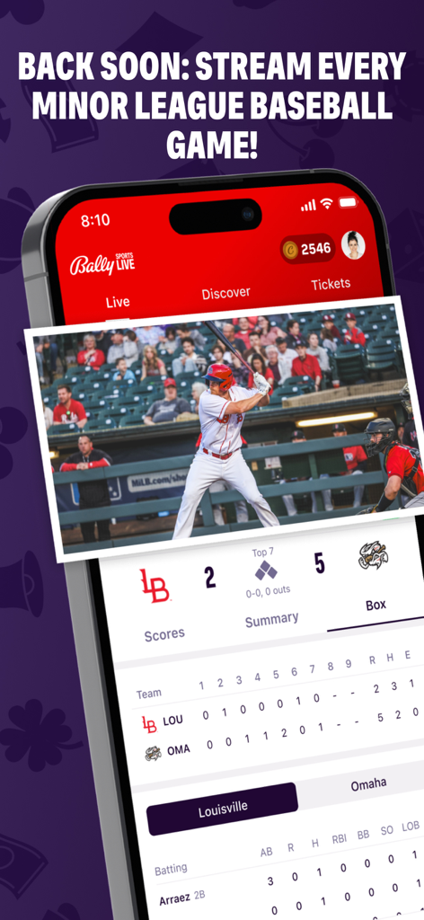 Bally Sports Live - Bally Sports Live mobile app interface showing a Minor League Baseball game stream with live box scores and player stats.