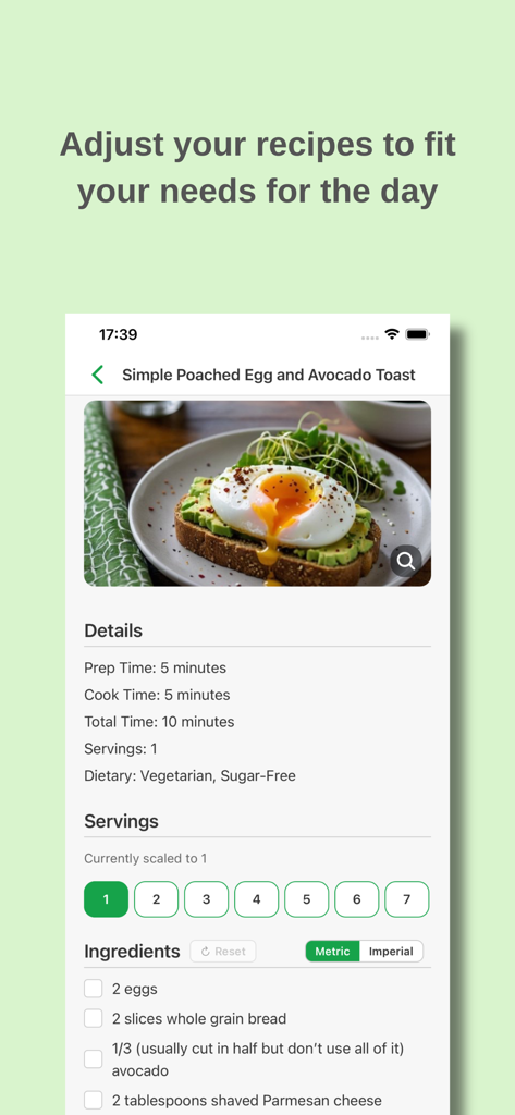 Save-Recipe: Online Cookbook - Save-Recipe App-Oberfläche, die Rezeidetails und ein Werkzeug zur Anpassung der Portionsgröße sowie zum Wechseln zwischen metrischen und imperialen Einheiten zeigt.