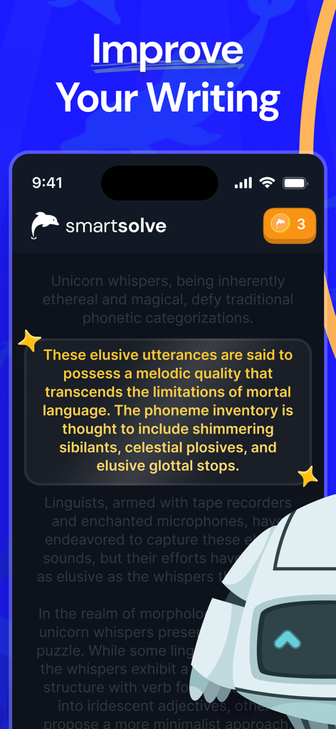Smartphone screen of SmartSolve app showcasing the AI text improvement and rewriting feature for students