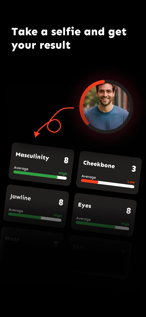 Aura Maxxing app interface showing AI facial analysis scores for masculinity jawline and eyes