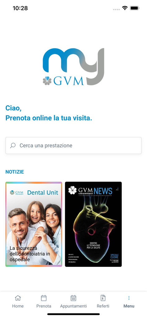 Écran d'accueil de l'application mobile MY GVM montrant la barre de recherche de réservation en ligne et les cartes d'actualités santé