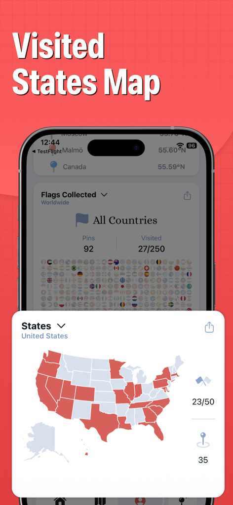Pin Traveler app interface showing a color coded map of visited United States with travel statistics