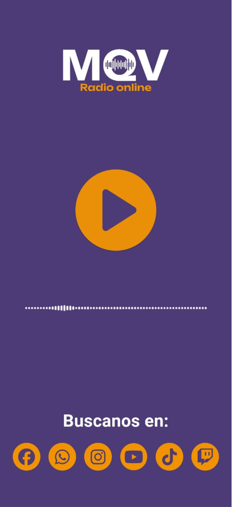 MQV Radio Online - Main player screen of MQV Radio Online app featuring a central play button and social media icons on a purple background