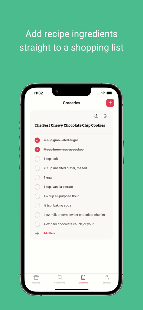 Potluck - Your Recipe Cookbook - An iPhone screen displaying a grocery shopping list for chocolate chip cookies within the Potluck app.