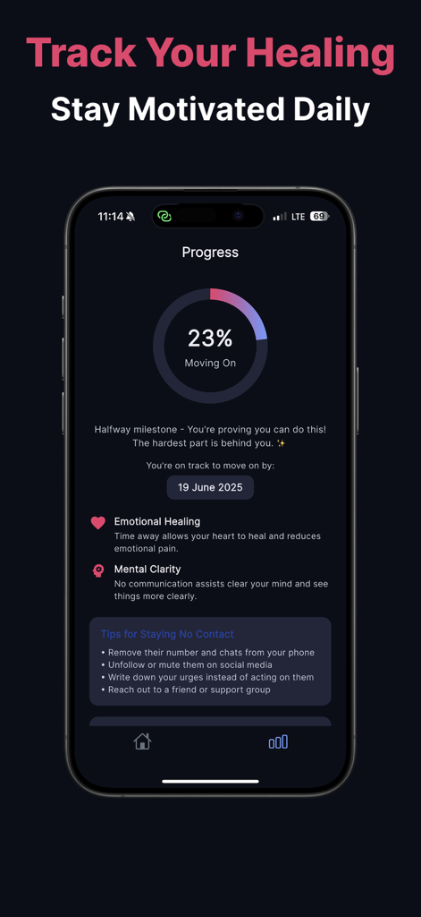 Interfaccia dell'app che mostra il ventitré percento di progresso nell'andare avanti dopo una rottura con suggerimenti per la guarigione emotiva