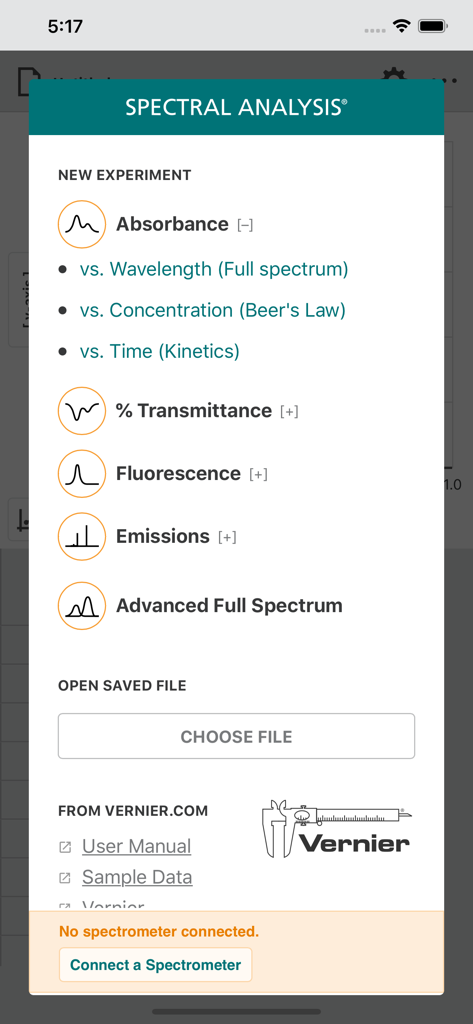 Vernier Spectral Analysis - The new experiment selection screen in the Vernier Spectral Analysis app showing options for absorbance fluorescence and emissions