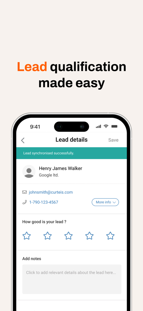 RX Lead Manager (Emperia) - RX 리드 매니저 앱 인터페이스에 자격 부여 별 등급 및 메모 섹션이 포함된 리드 세부 정보 표시
