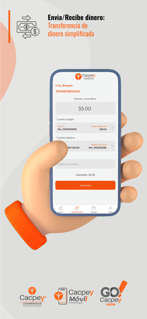 Cacpey Virtual - Simplified money transfer screen in the Cacpey Virtual mobile banking app