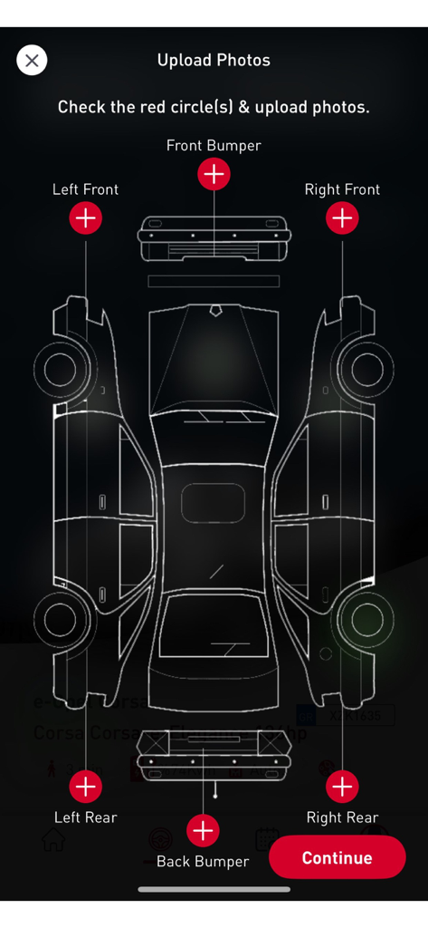 Diagramma di un'auto nell'app Avis Car Sharing utilizzato per caricare foto di ispezione del veicolo.