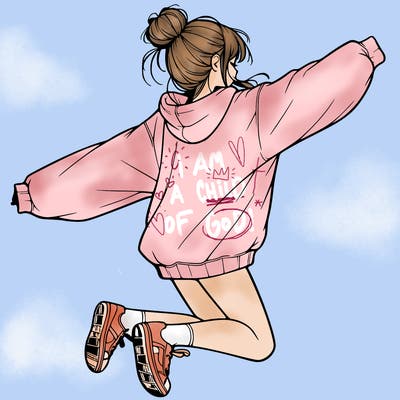 realistic girl jumping with a bun and oversized sweatshirt