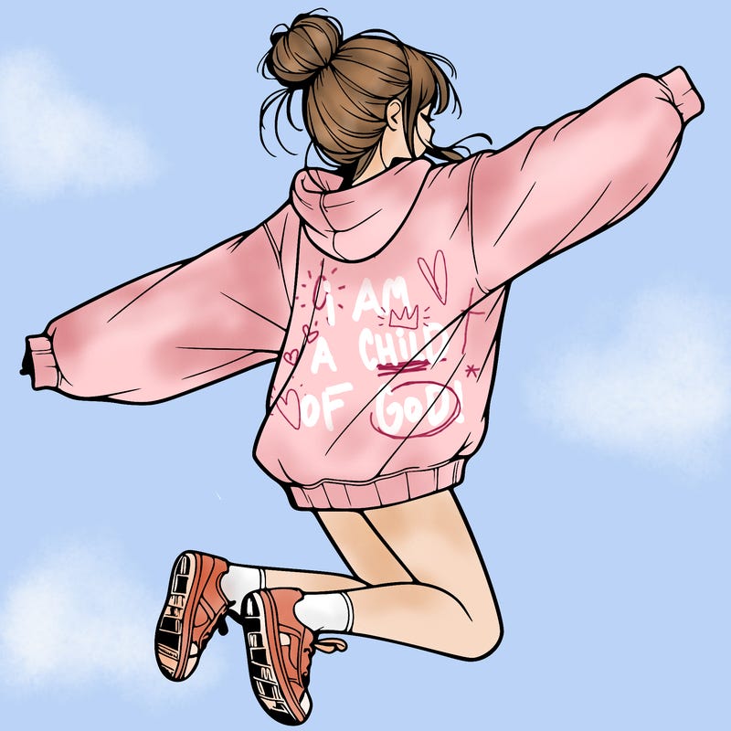 realistic girl jumping with a bun and oversized sweatshirt