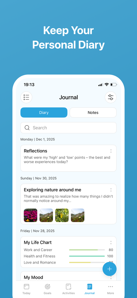 Daily Goal Tracker & Organizer - Interface of the Daily Goal Tracker app showing the personal journal and life reflections section