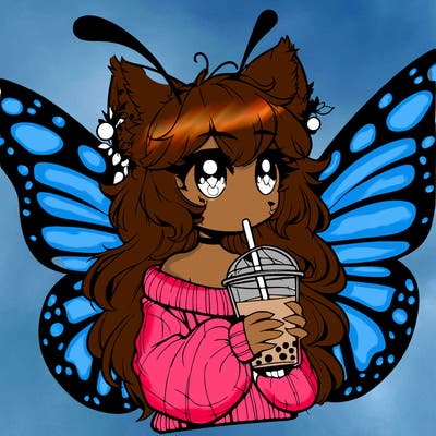 a realistic butterfly/furry girl drinking boba