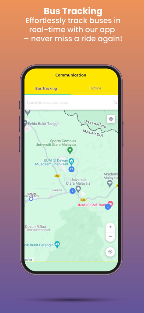 Recurso de mapa de rastreamento de ônibus em tempo real no aplicativo móvel UUM Student 2.0