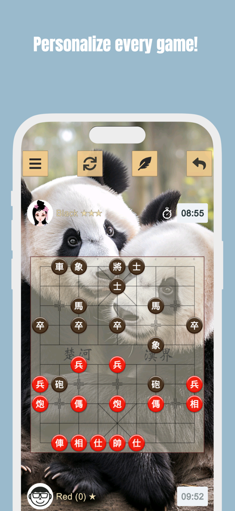 Chinese Chess mobile game interface showing a customizable panda background theme with traditional game pieces