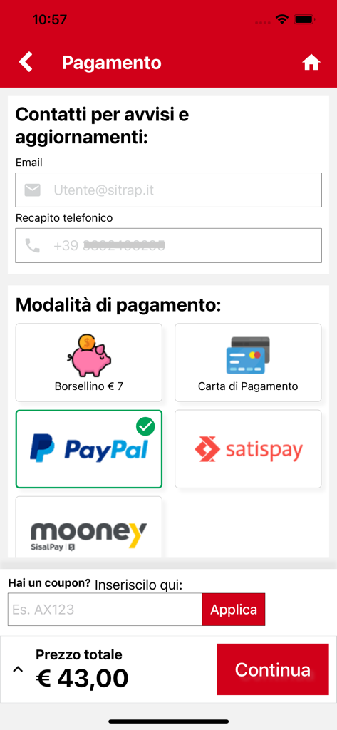 Pantalla de pago de la aplicación MarinoBus que muestra los métodos de pago y el precio total del billete