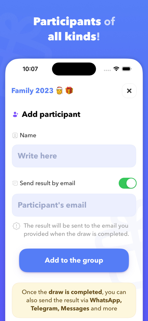 이름 및 이메일 필드가 있는 Secret Santa 선물 교환을 위한 참가자 추가 양식을 보여주는 모바일 화면.