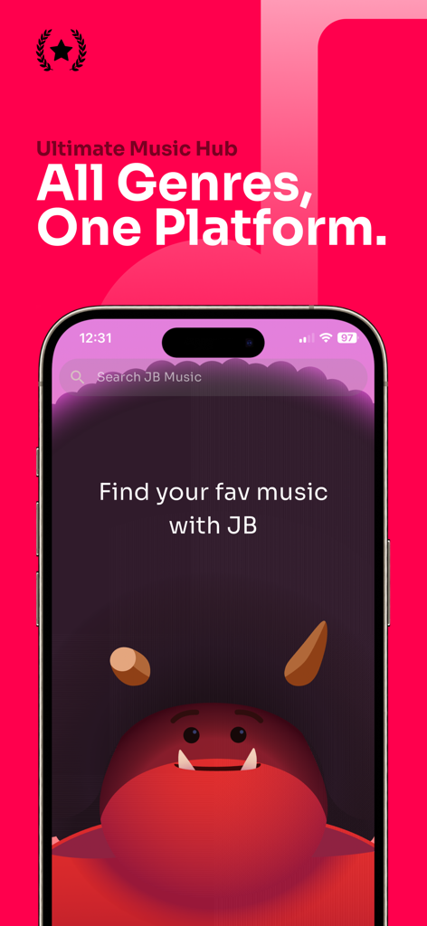 JB Music - JB Music app interface on an iPhone displaying the search screen and the slogan All Genres One Platform