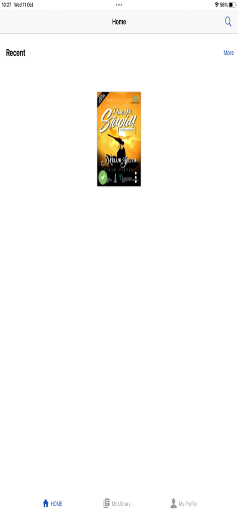 E-Sentral - E-Sentral ebook reader home screen on an iPad displaying a recently read book titled I Love You Stupid by Melur Jelita