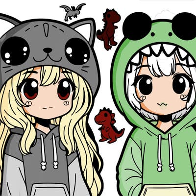 girl in a cat hoodie and girl whith a dino hoodie