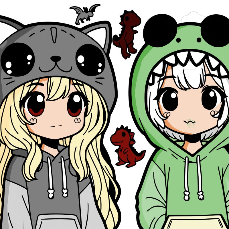 girl in a cat hoodie and girl whith a dino hoodie