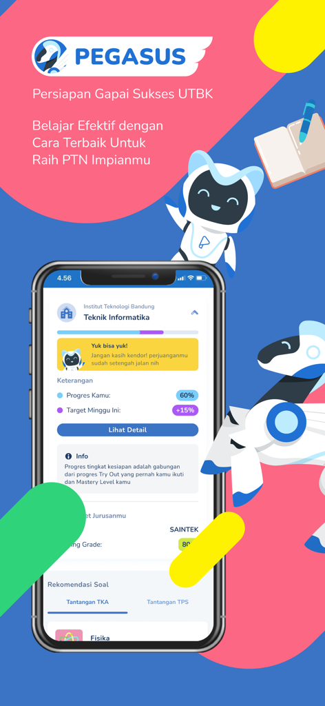 Pahamify app interface showing the Pegasus feature for UTBK university entrance exam preparation with study progress tracking.