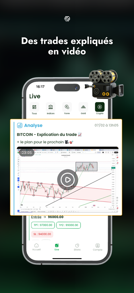 Passion Trade app interface showing a video explanation for a Bitcoin trading plan and price charts.