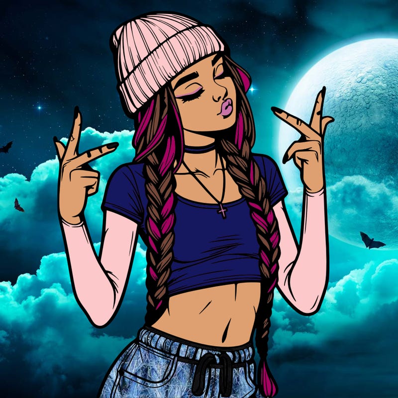 realistic teenage girl with braids and a beanie and crop top doing 🫶🏼