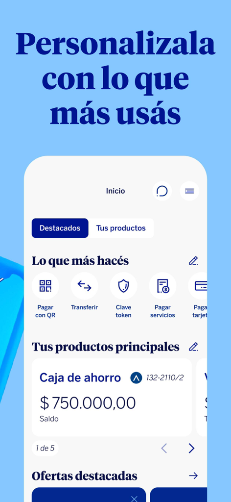 BBVA Argentina - BBVA Argentinien mobile App Startbildschirm, der ein anpassbares Dashboard mit Kontostand und Schnellauswahl-Transaktionssymbolen anzeigt