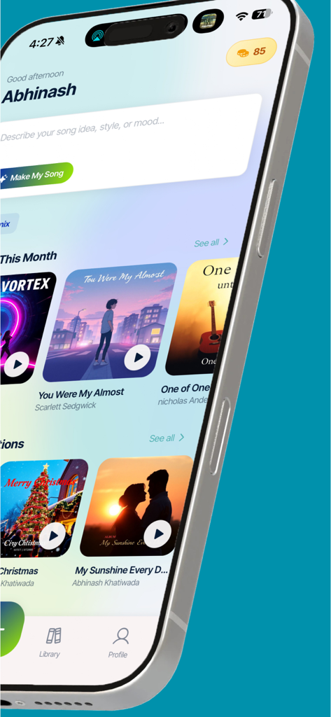 AI Song Generator - Neume - Home screen of the Neume AI Song Generator app showing the song creation interface and user music library