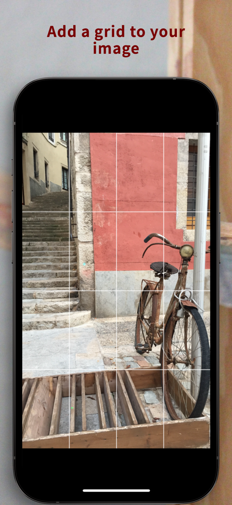 Drawing grid overlaid on a reference photo of a bicycle in the Sketch Grid app