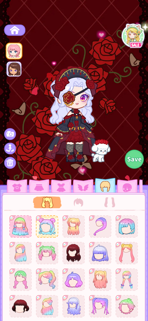 A character customization screen in Pocket Life showing a gothic style avatar and various colorful hairstyle options.