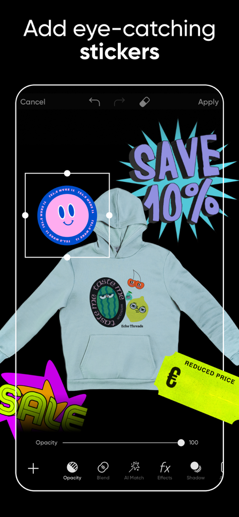 Picsart app interface showing eye-catching stickers and promotional labels being applied to a hoodie.