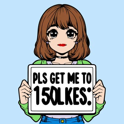 realistic girl holding up a sign that says “pls get me to 15 likes!”