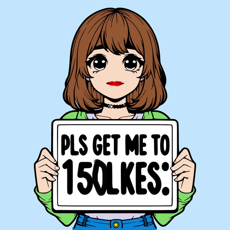 realistic girl holding up a sign that says “pls get me to 15 likes!”