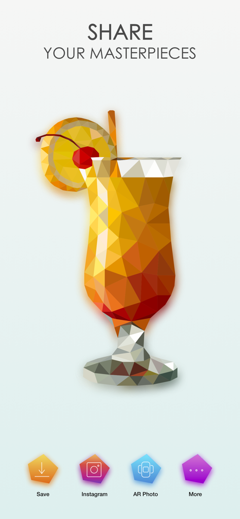 Poly Art Jigsaw 3D Puzzle Game - A low poly cocktail masterpiece with options to share on Instagram and save