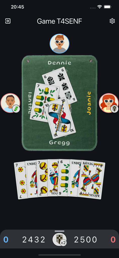JassPro - Mobile gameplay of JassPro showing a digital card table with traditional Swiss-German cards and player avatars