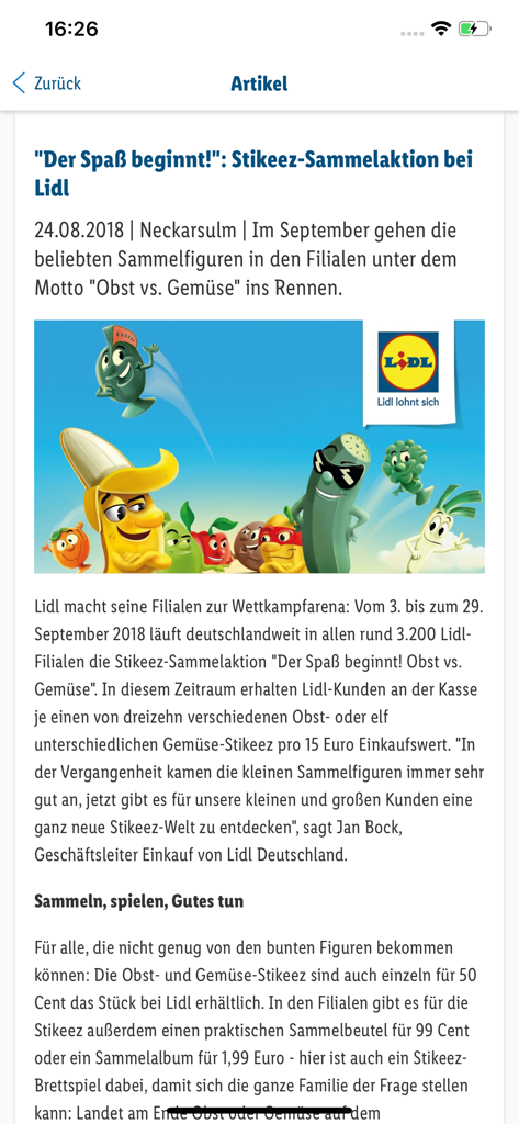 We Are Lidl app interface displaying a news article about a Stikeez loyalty program for employees