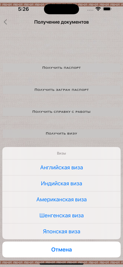 A menu screen in the Another Life I life simulation game for selecting travel visas and obtaining passports.